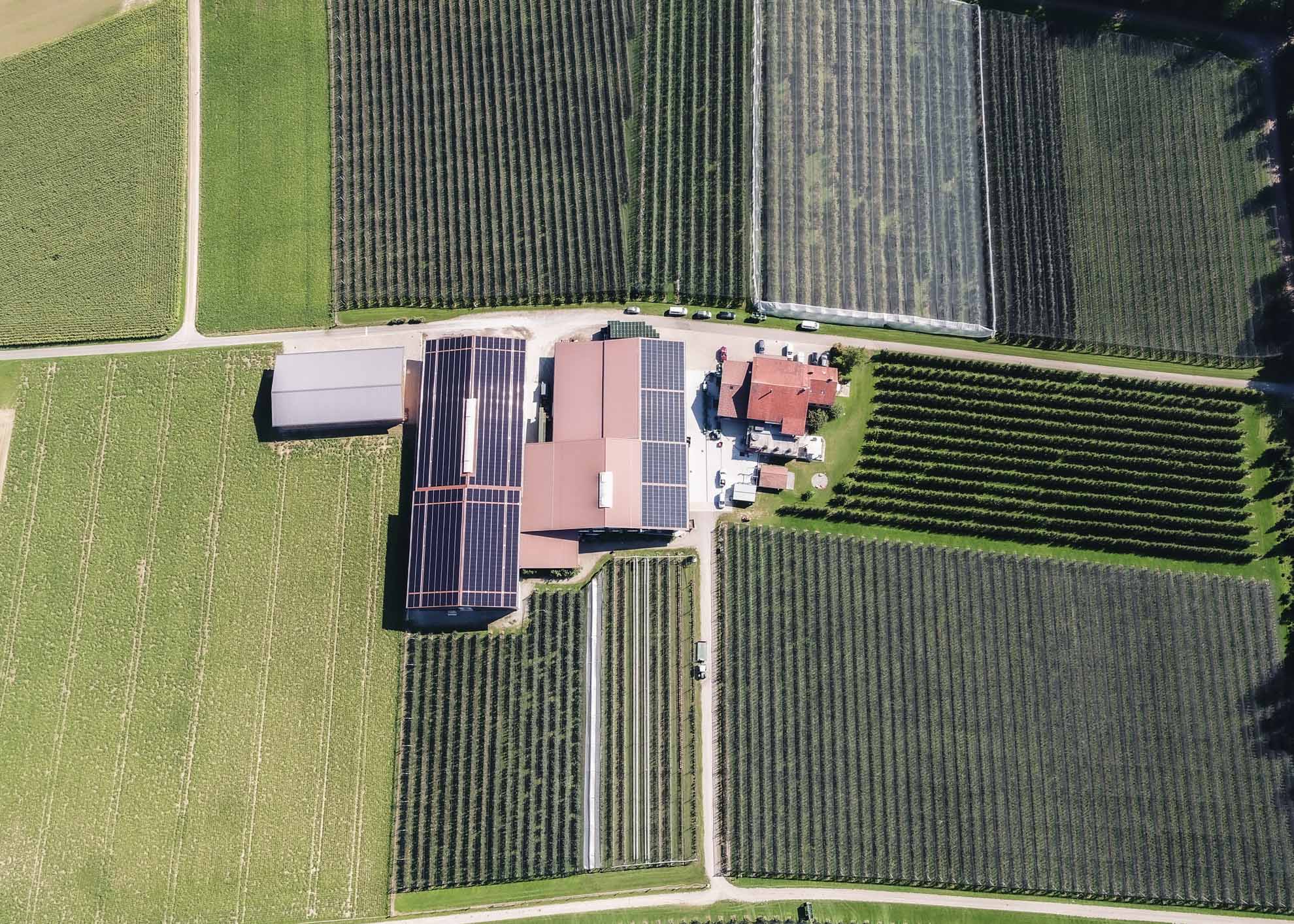 Drohnenaufnahme der Solaranlage von Helianthus auf dem Dach von Eichenberger Obst.